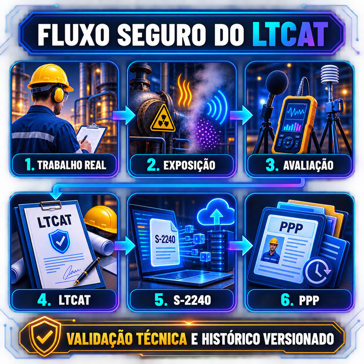 Fluxo seguro do LTCAT em seis etapas ligando trabalho real, exposição, avaliação, laudo, S-2240 e PPP