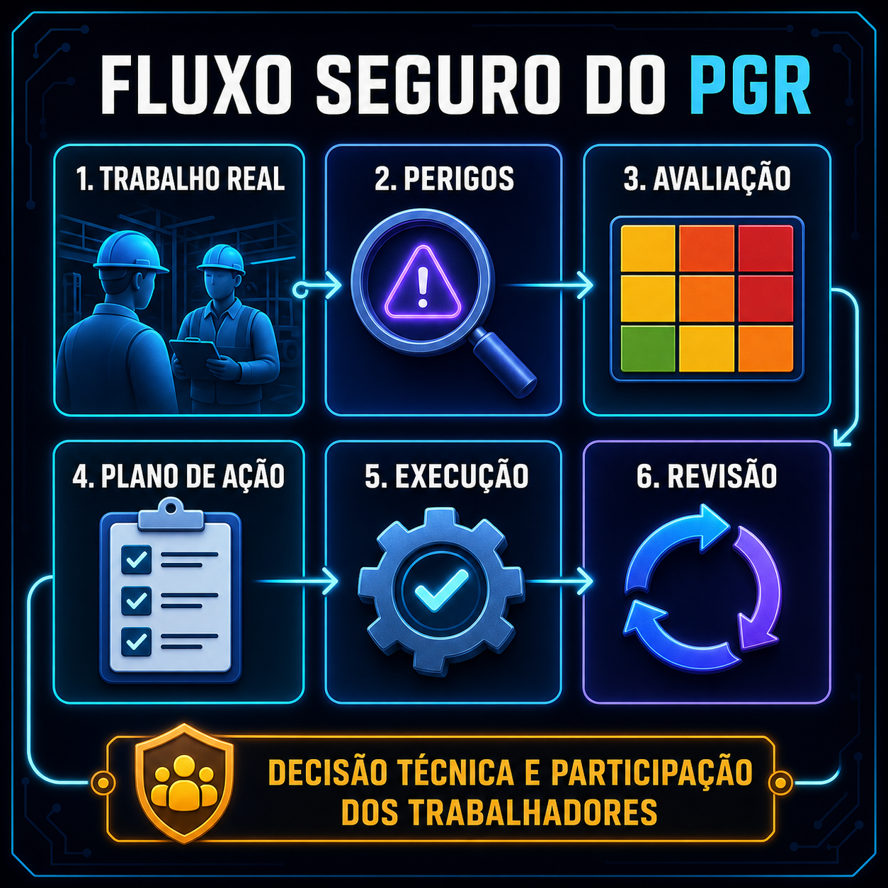 Fluxo seguro do PGR em seis etapas do trabalho real à revisão, com decisão técnica e participação dos trabalhadores