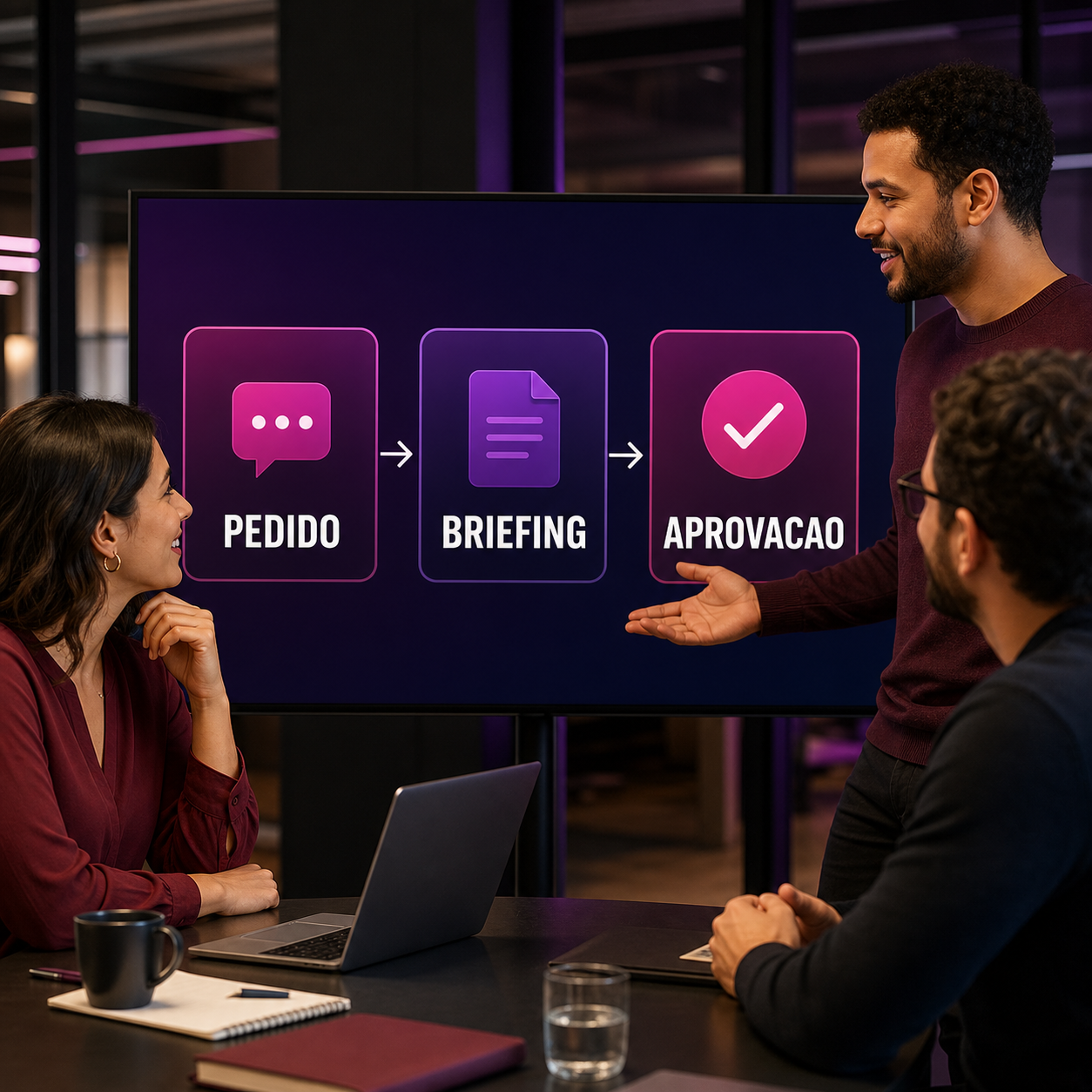 Equipe brasileira de marketing transformando pedido em briefing de campanha com apoio de IA