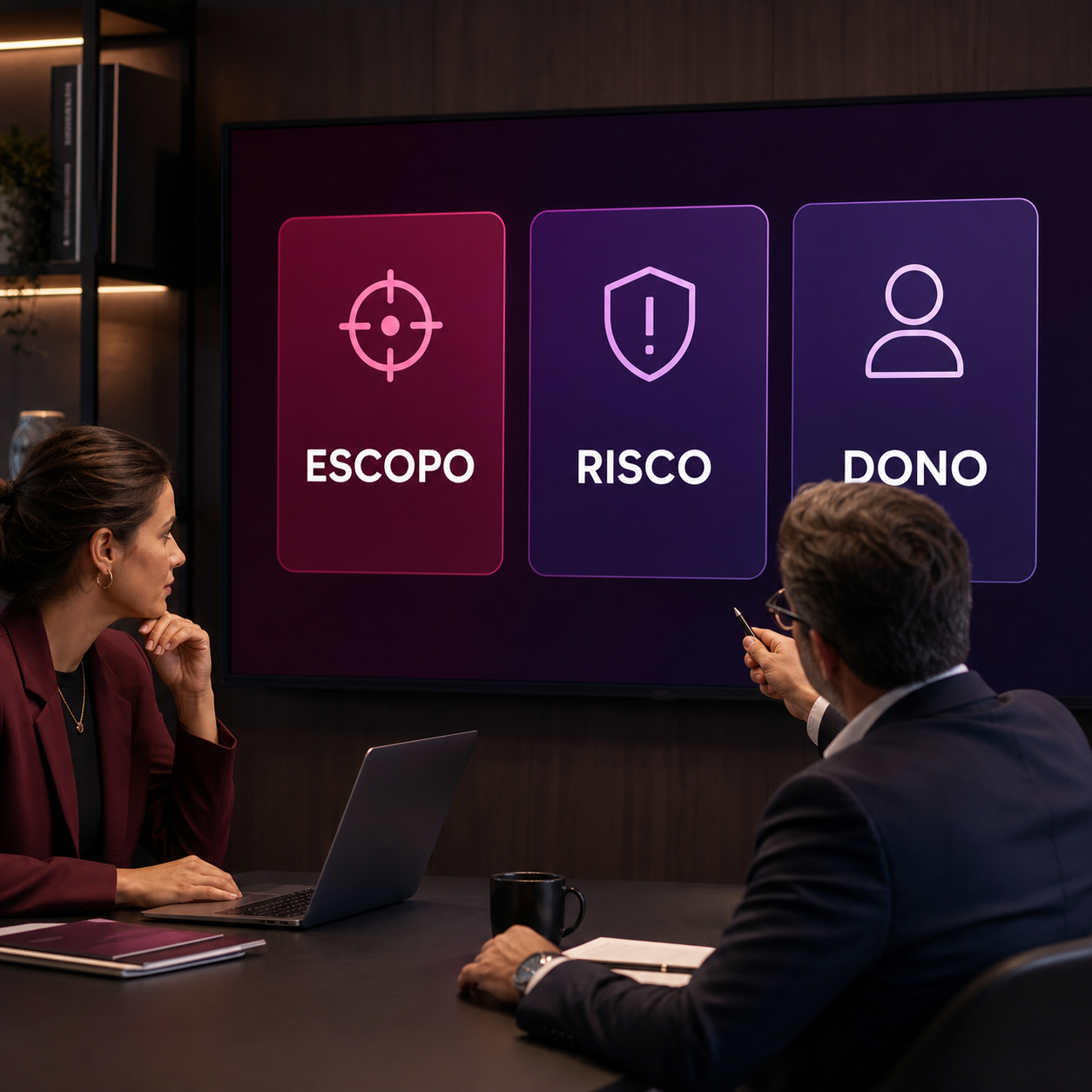 Gestores brasileiros analisando painel simples de escopo, risco e dono para briefings de campanha com IA