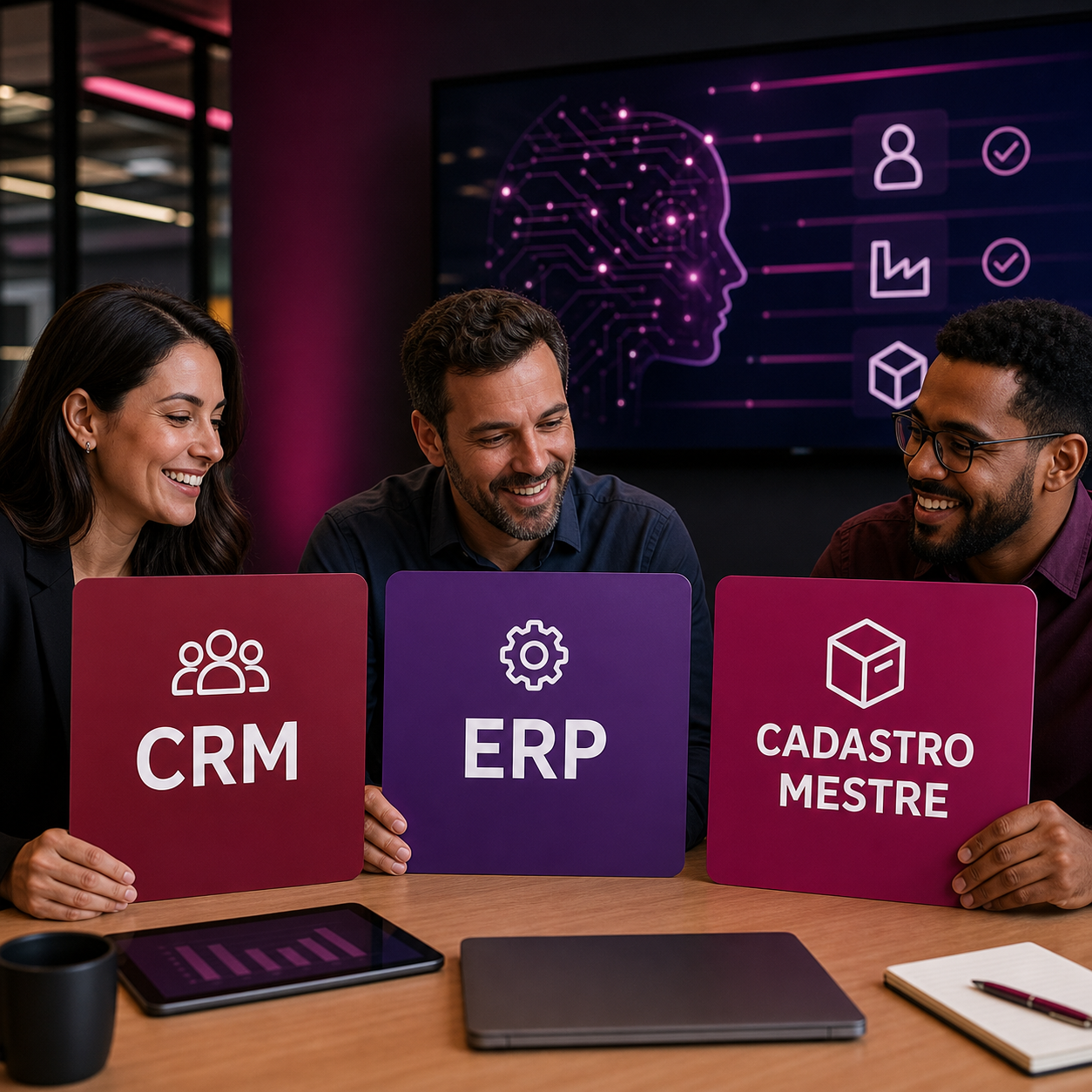Equipe brasileira alinhando CRM, ERP e cadastro mestre com apoio de IA em uma rotina operacional