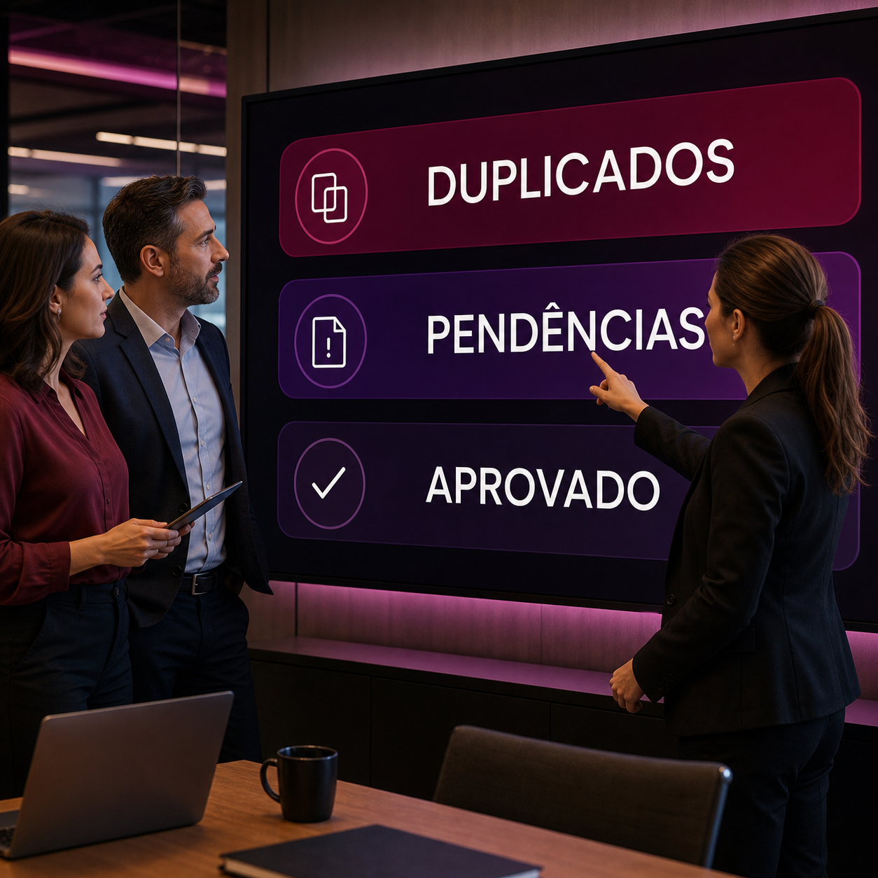 Gestores brasileiros analisando painel de IA com duplicados, pendências e cadastros aprovados