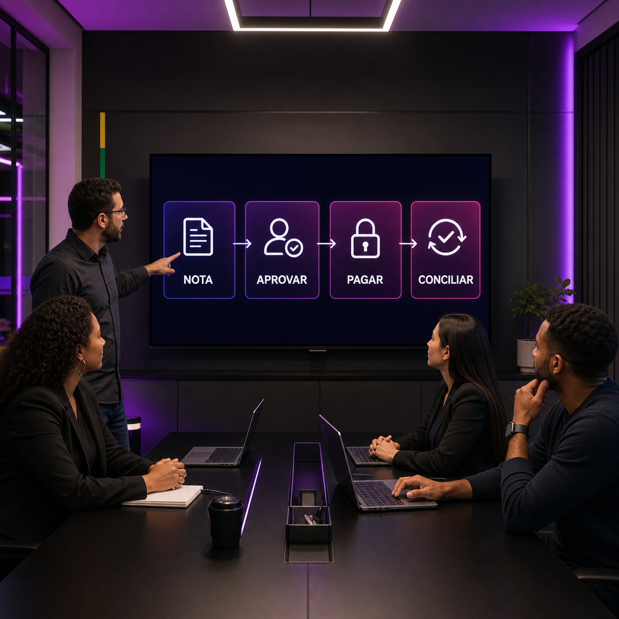Profissionais controlando contas a pagar com inteligência artificial e aprovação humana