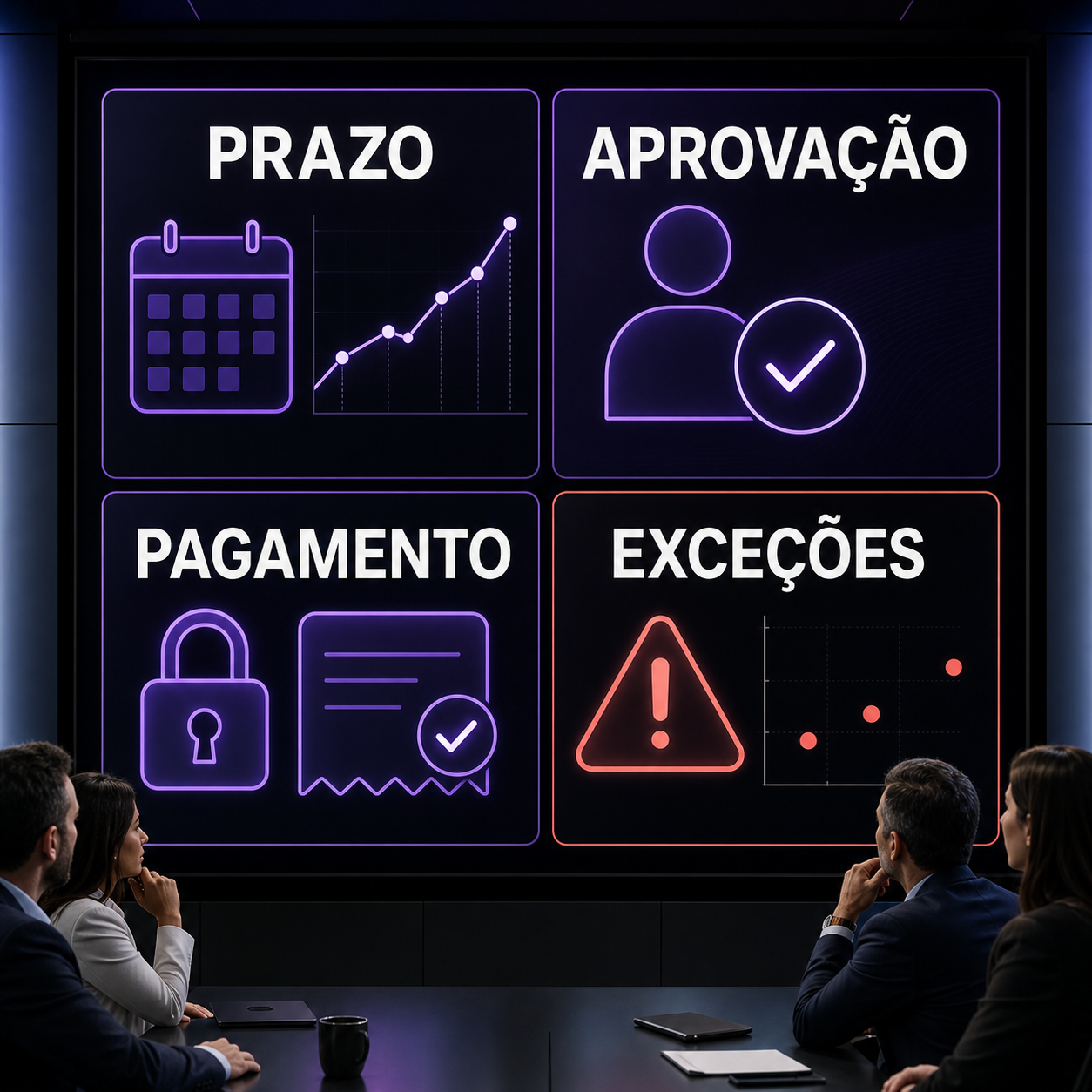 Painel executivo de prazo, aprovação, pagamento e exceções em contas a pagar