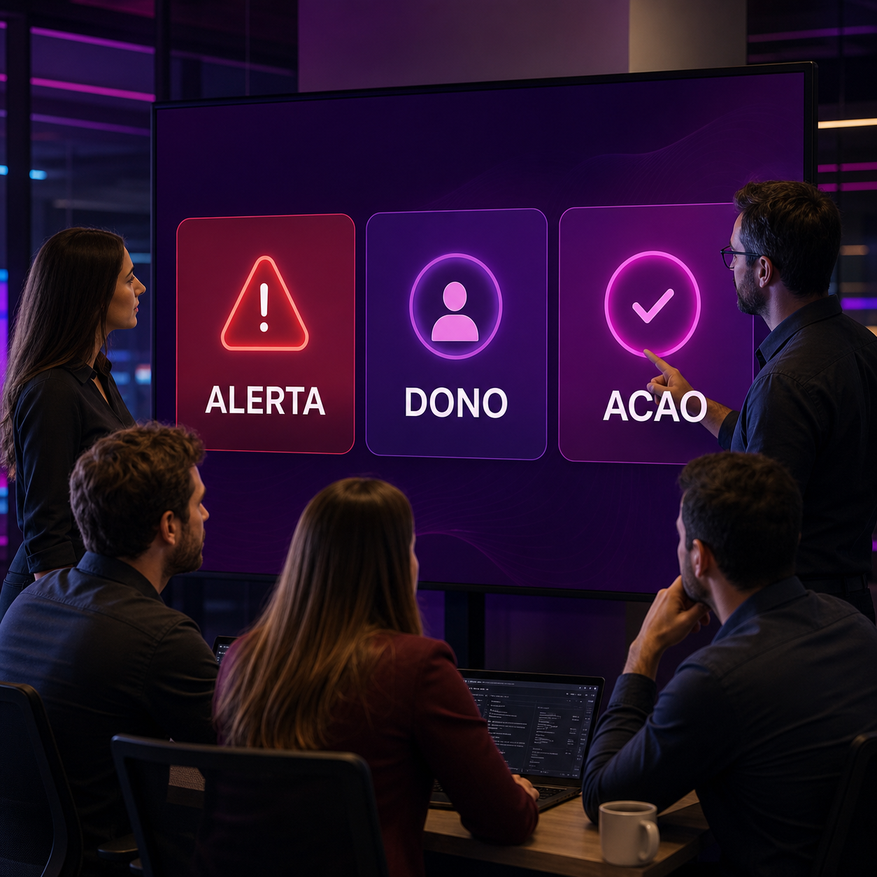 Equipe brasileira analisando alertas, donos e ações em um painel de IA para automações críticas