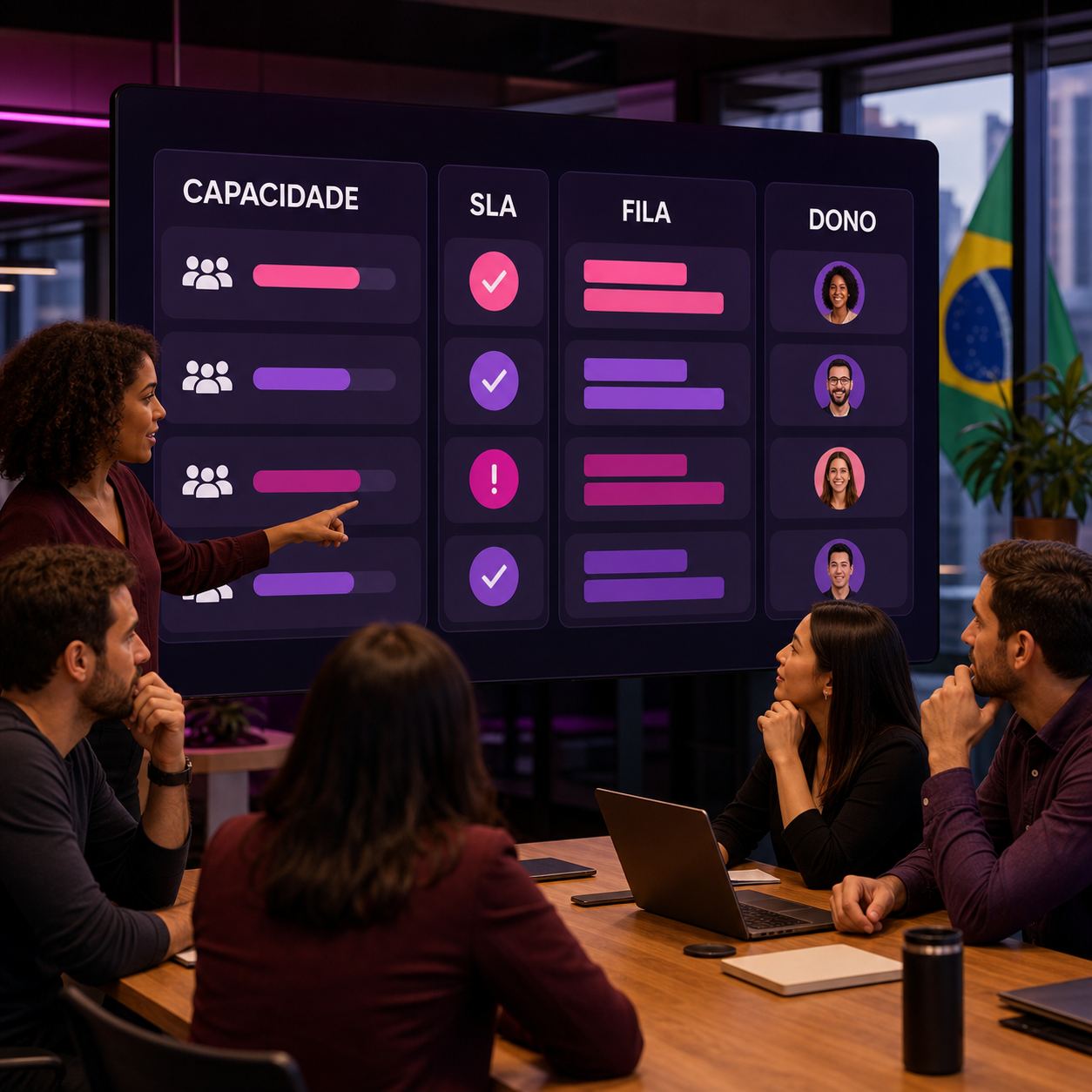 Equipe brasileira revisando capacidade, SLA, fila e donos de tarefas com apoio de IA