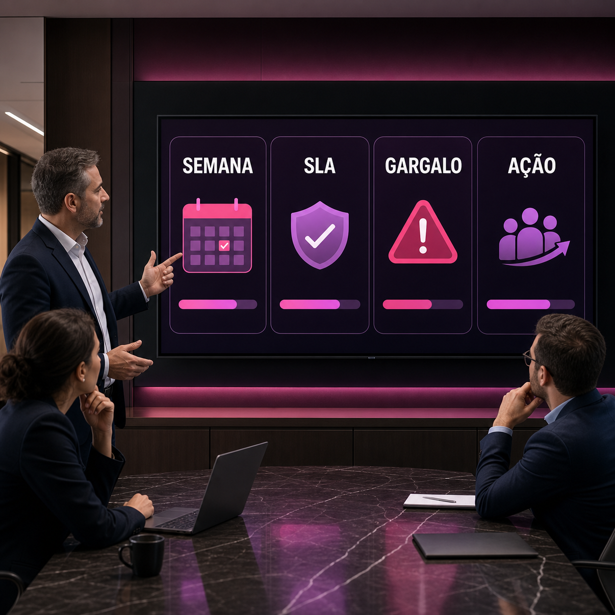 Painel executivo simples de IA mostrando semana, SLA, gargalo e ação para capacidade da equipe