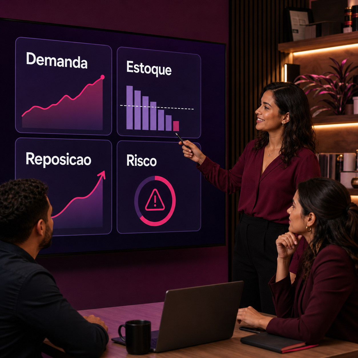 Equipe brasileira analisando demanda, estoque, reposição e risco com apoio de IA em uma sala de operação