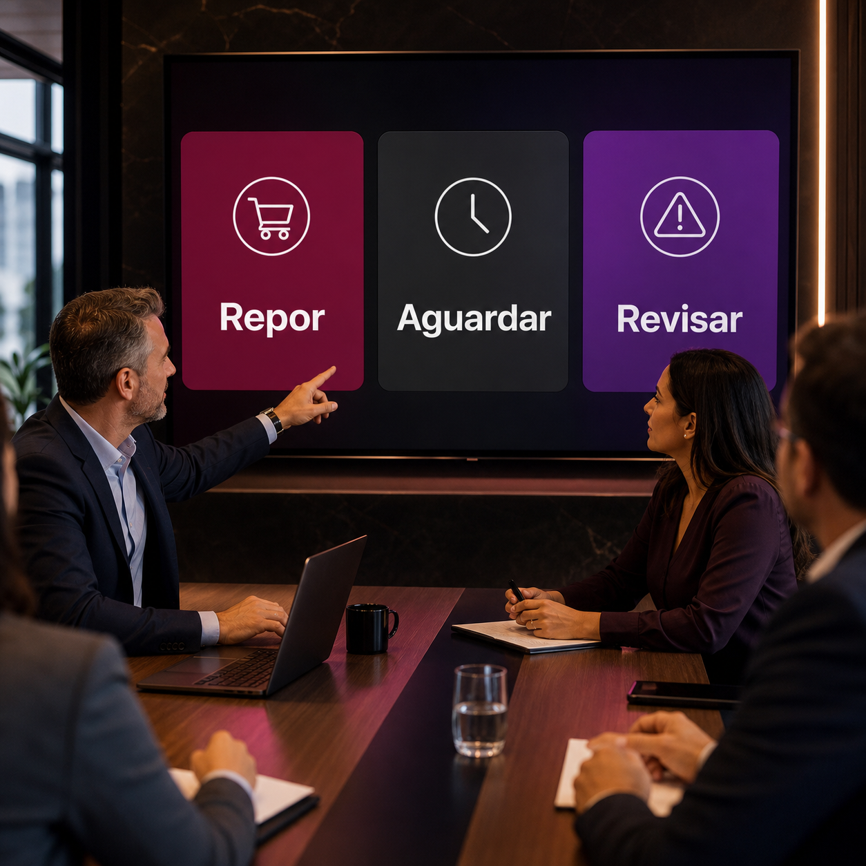 Gestores brasileiros avaliando painel simples de IA com ações repor, aguardar e revisar para decisão de estoque