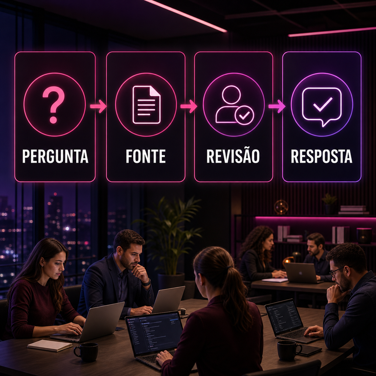 Fluxo de IA entre pergunta, fonte, revisão humana e resposta de segurança