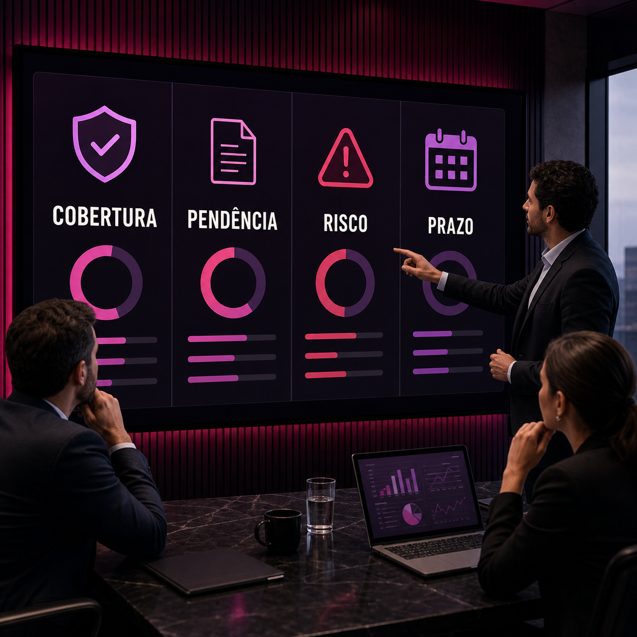 Painel executivo de cobertura, pendências, risco e prazo de questionários de segurança