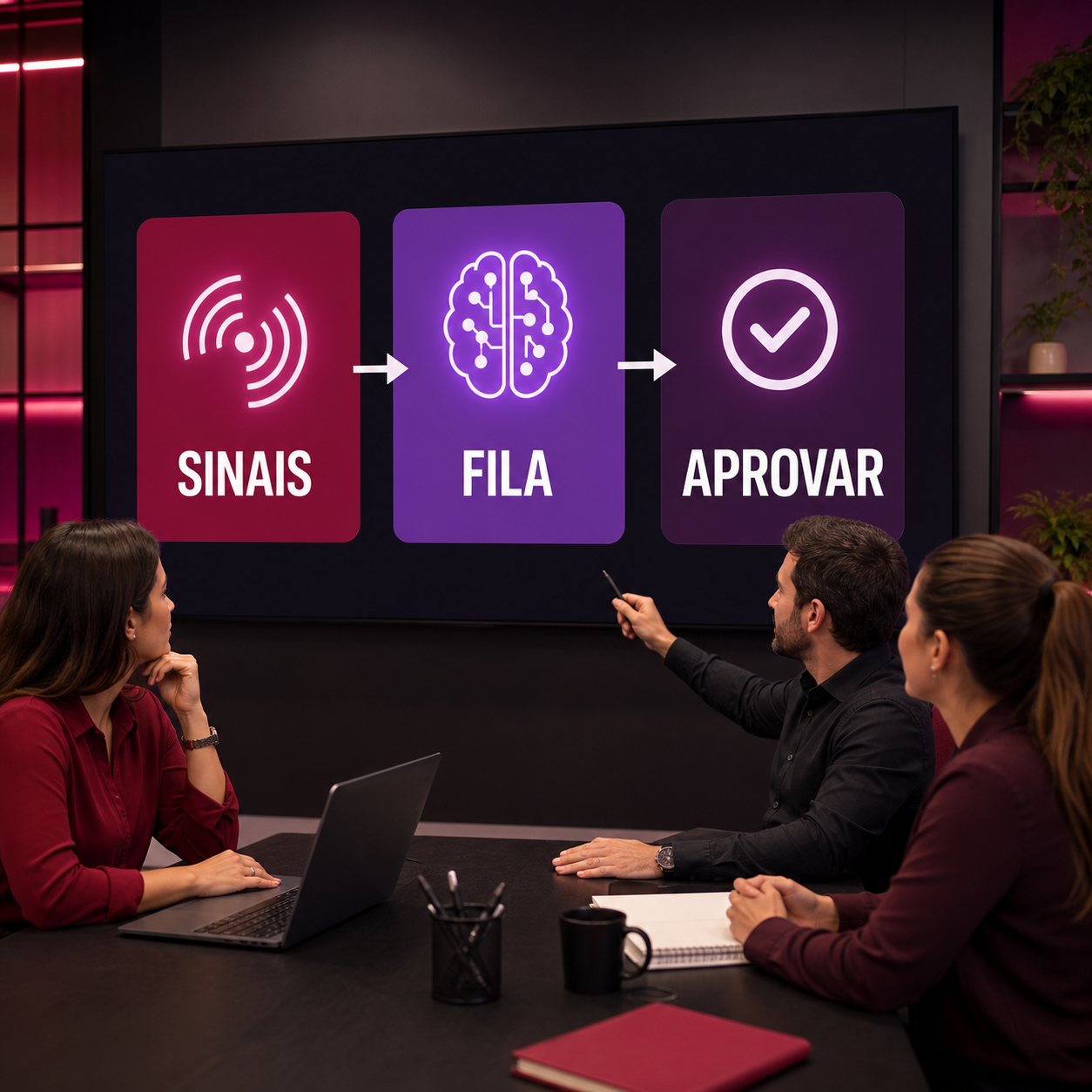 Profissionais brasileiros revisando fluxo de IA com sinais, fila e aprovação para renovações de contratos