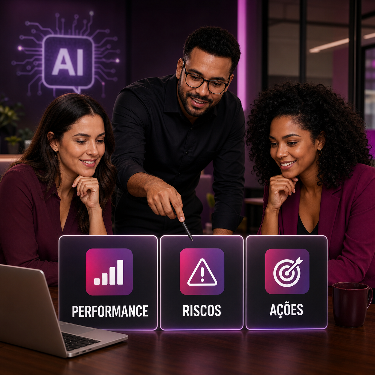 Equipe brasileira preparando reunião de performance com clientes usando painel simples de IA