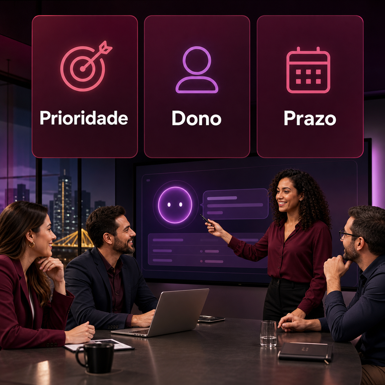 Equipe brasileira usando IA para organizar prioridades, donos e prazos das tarefas do dia